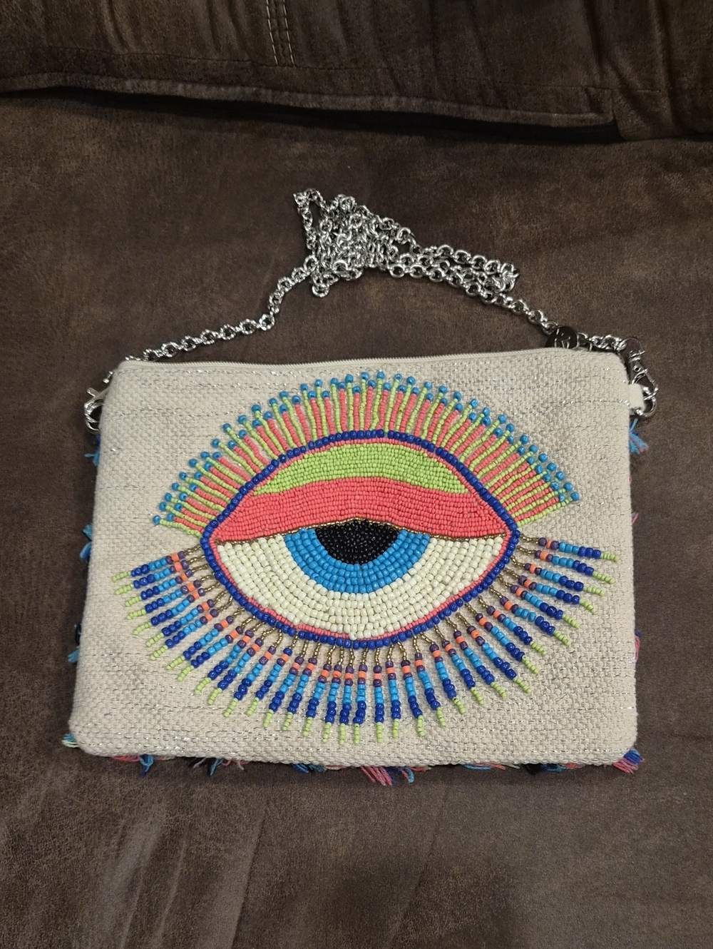 Beaded Eye Embellishment Crossbody Bag in Cream